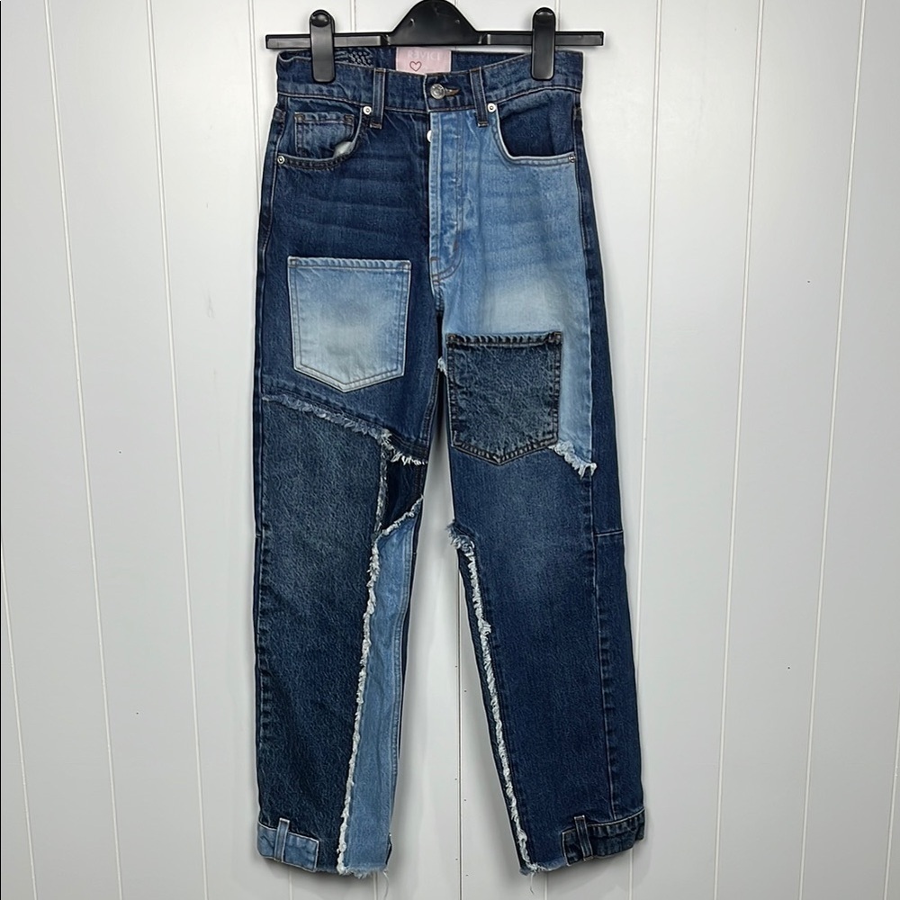 Revice Womens Jeans Light/Dark Wash Mix 24 Patchwork Button Fly Distinctive EUC